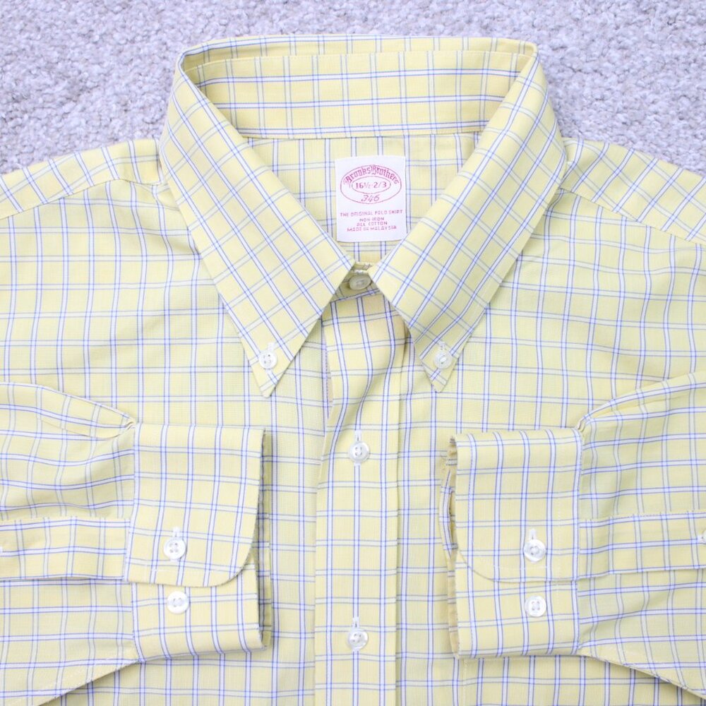 Brooks Brothers 346 Shirt Men 16 1/2 2/3 Yellow/Blue Non-Iron Cotton Long Sleeve